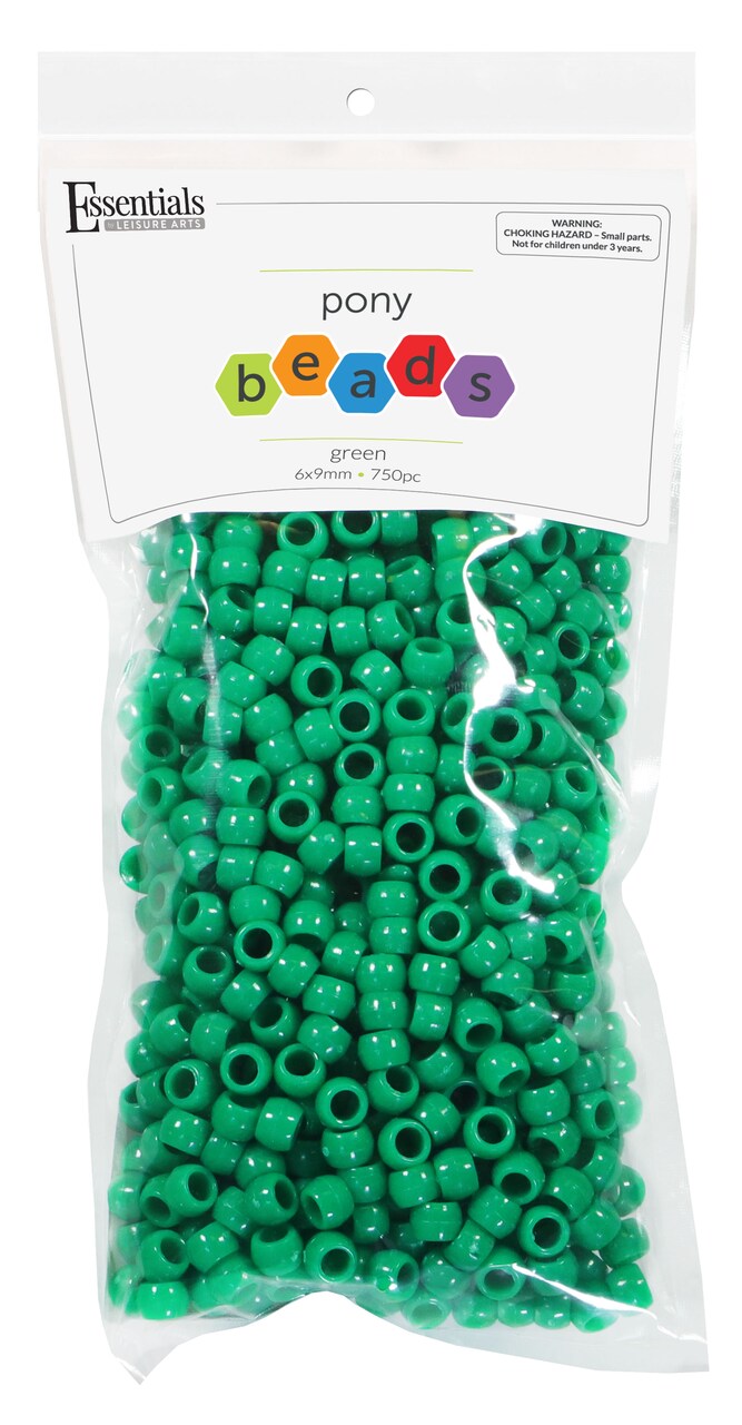 Essentials by Leisure Arts Pony Beads, 6x9mm, Opaque Green, 750pc – Bracelet Making Kit for Jewelry and Kandi Crafts – Bulk Craft Beads for Friendship Bracelets and DIY Projects